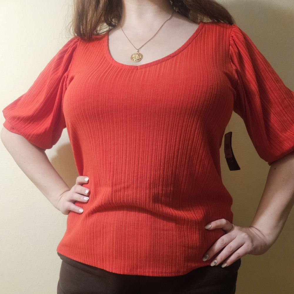 NWT New York Laundry Vibrant Red Ribbed Puff Sleeve Blouse M